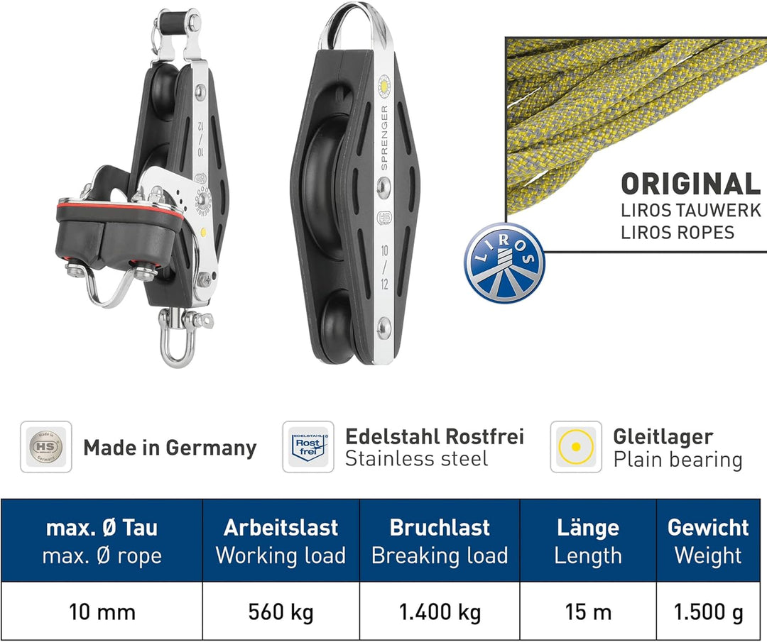 Sprenger Grossschot-Talje 10 mm Seilzug I S-Block Gleitlager, Schotklemme – 15 Meter Schot I UV-best