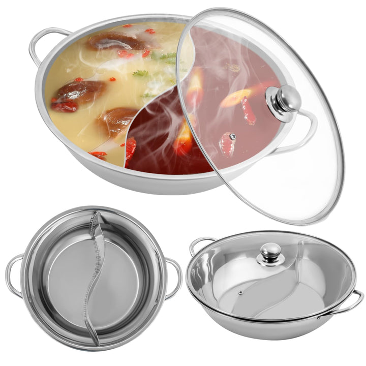 Edelstahl Hot Pot mit Teiler, Hotpot Geteilte Pfanne mit Trennwand und Glasdeckel, Topf Dual Hotpot