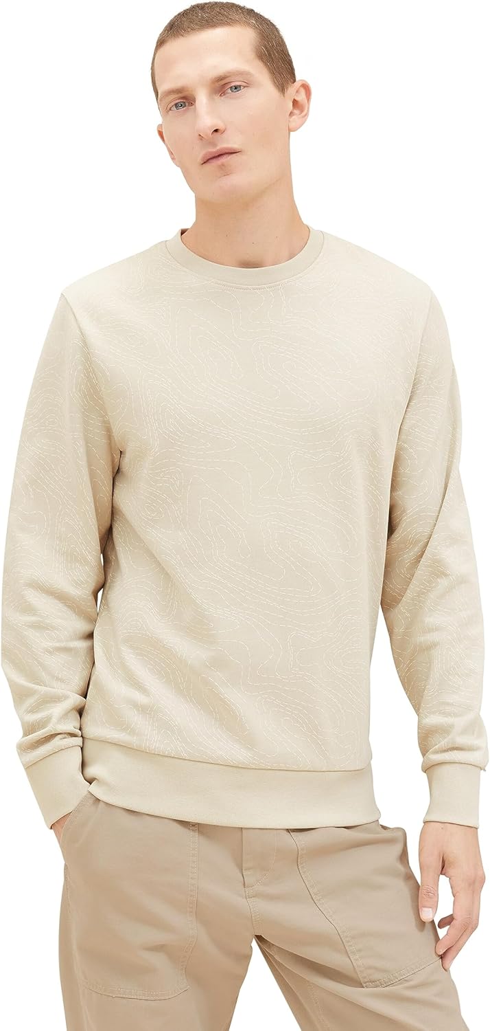 TOM TAILOR Herren Basic Sweatshirt mit Allover-Print S 32453-beige Alfalfa Line Design, S 32453-beig