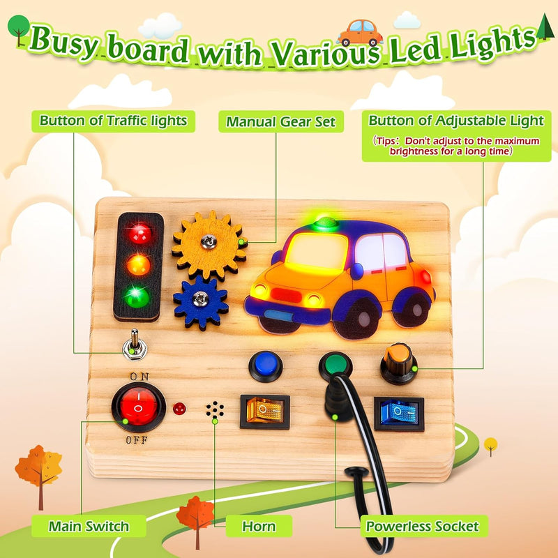 Auney Montessori Busy Board Activity Board ab 1 Jahr Auto-Lichtschalter Spielzeug, LED Holzspielzeug