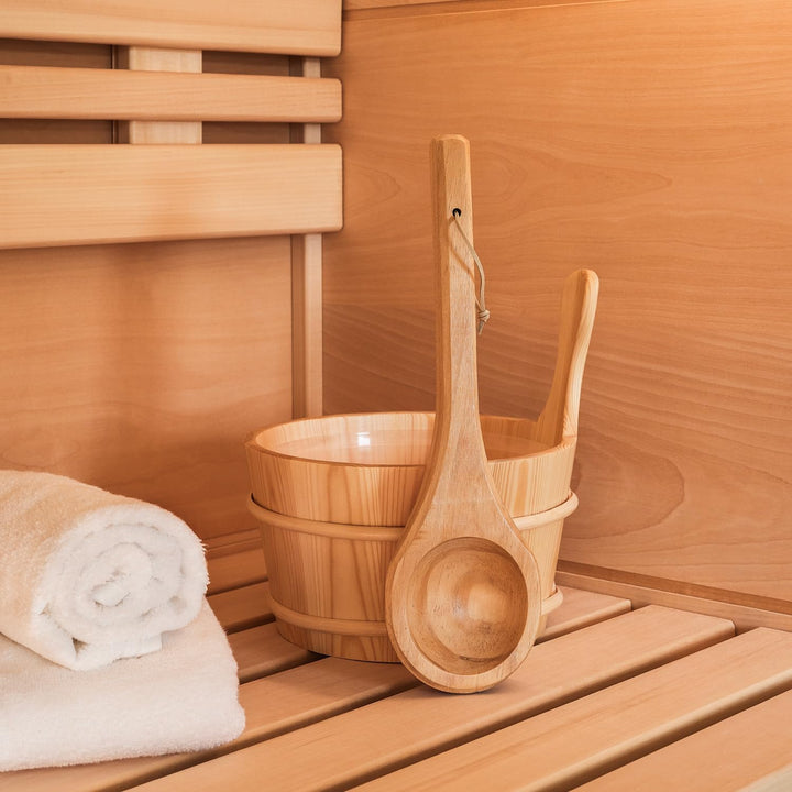 SUNNYDEALS klassisches Saunazubehörset | Saunaset 5-teilig aus naturbelassenem Holz | Saunaeimer &amp; K