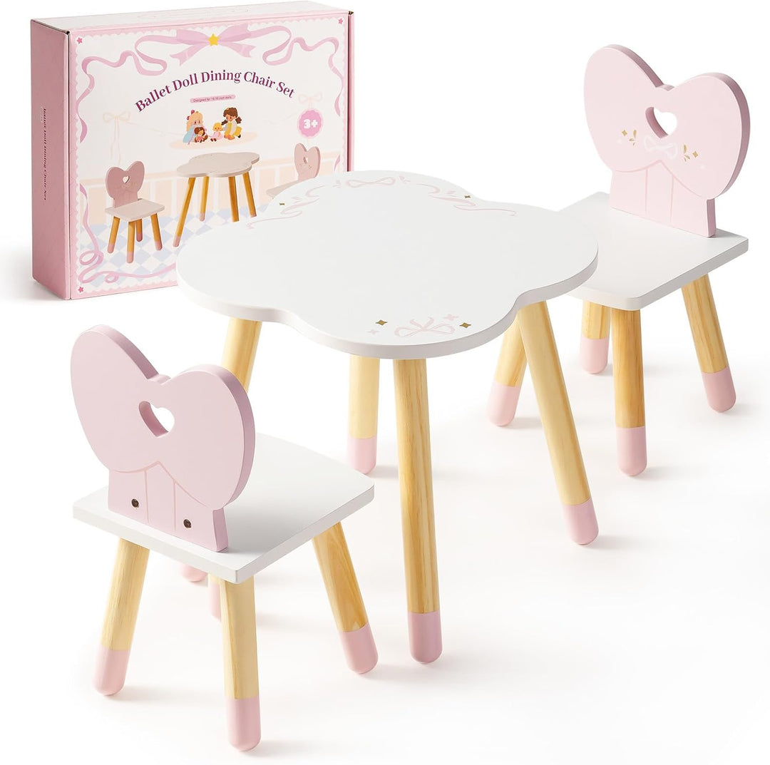 ROBOTIME Holz Puppen Küche Esstisch und 2 Stühle Set, Puppen Esszimmer Set, Holz Puppenmöbel für 16-