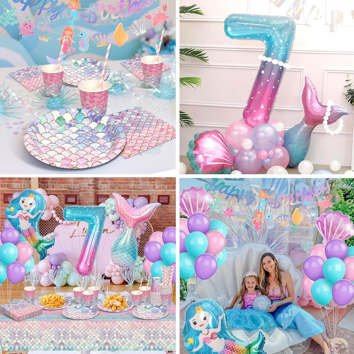 yosiio Meerjungfrau Partygeschirr Set, Meerjungfrau Geburtstag Deko 7 Jahre, Geburtstag Party Geschi