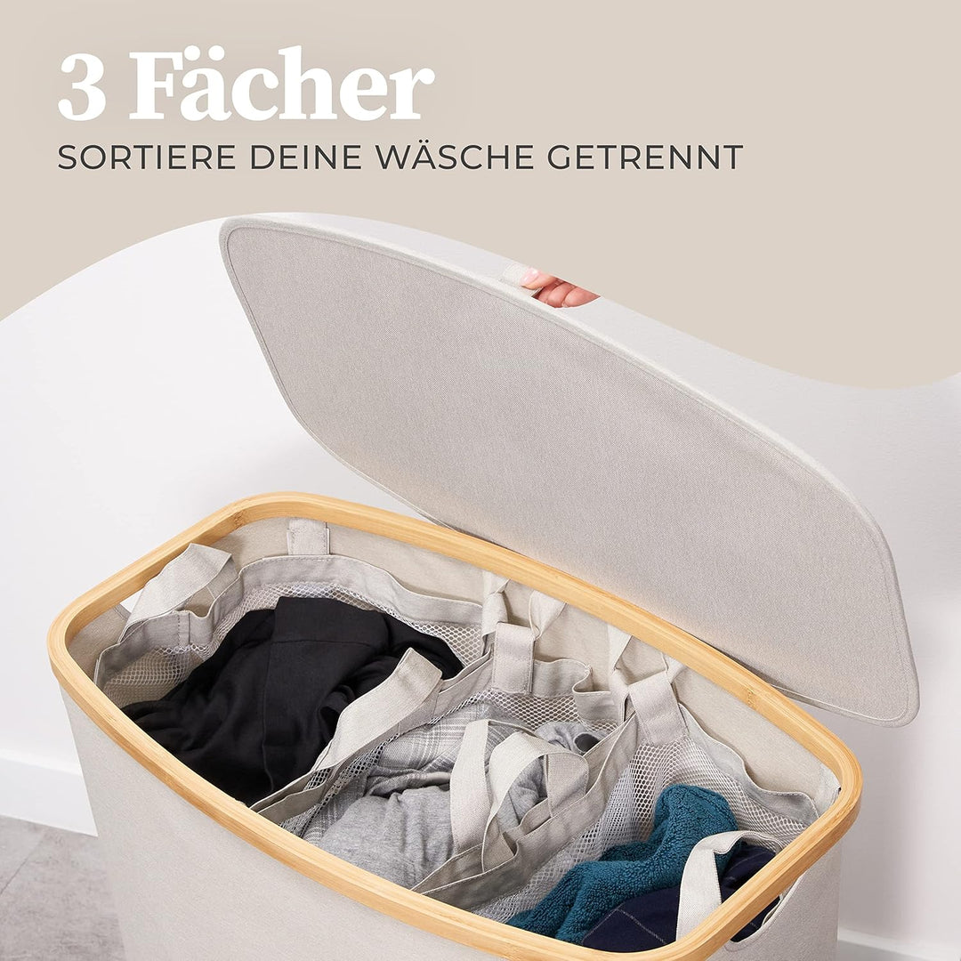 Hennez Wäschebox 150L - Wäschekorb 3 Fächer - Deckel - Wäschesortierer mit Wäschesack - Laundry Bask