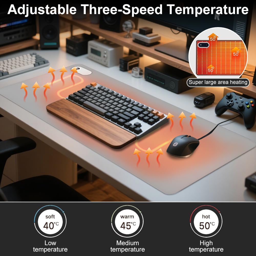 Beheizte Schreibtischunterlage, 80x33cm Beheiztes Mauspad mit 3 Heizstufen &amp; 3H Abschaltautomatik un