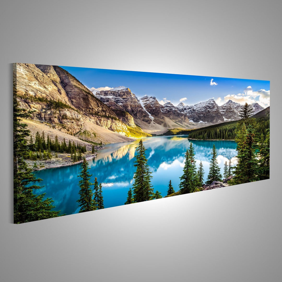 islandburner Bild auf Leinwand Landschaftssonnenuntergangansicht von Morain See und von Gebirgszug,