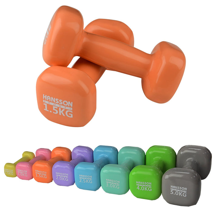 Hansson 2er Set Vinyl Hantel Gymnastikhantel 0,5 kg – 5 kg Auswahl 2 x 1,5 kg (Apriko), 2 x 1,5 kg (