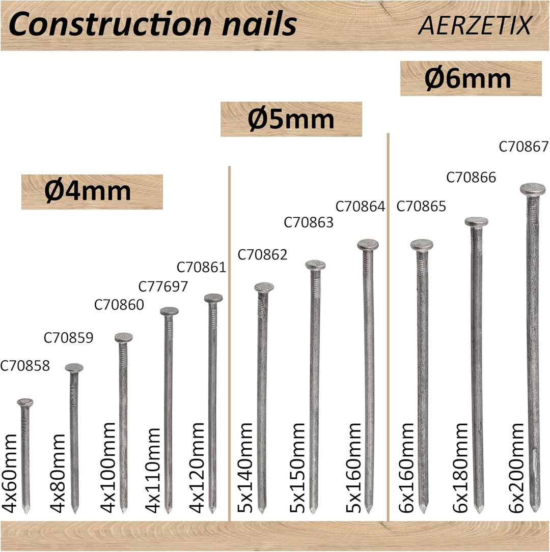 AERZETIX - C70866 - Set mit 50 Flachkopfnägeln Ø6x180 mm - Kopfdurchmesser Ø12 mm - aus stahl - silb