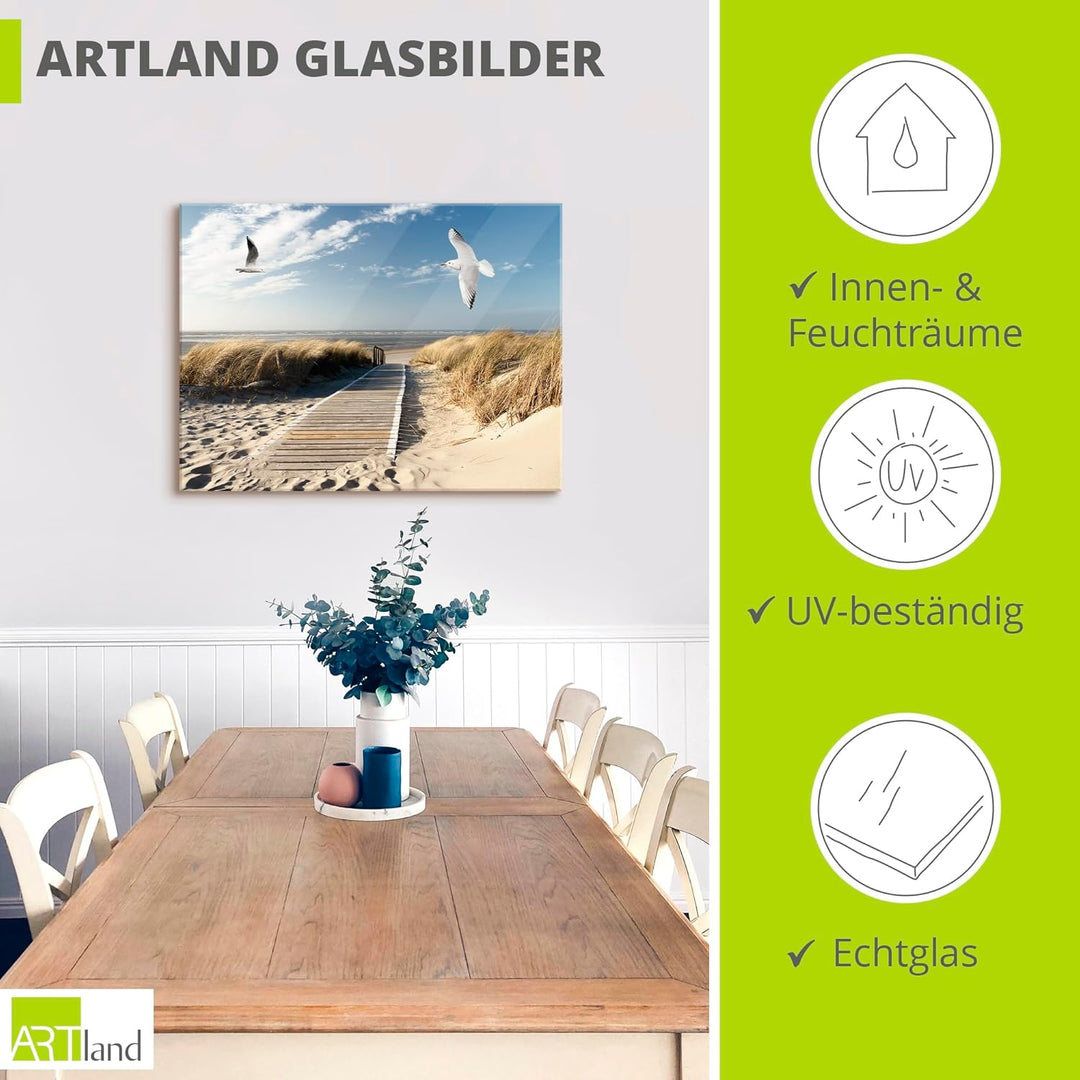 ARTland Glasbilder Wandbild Glas Bild einteilig 80x60 cm Querformat Strand Meer Nordsee Küste Möwen