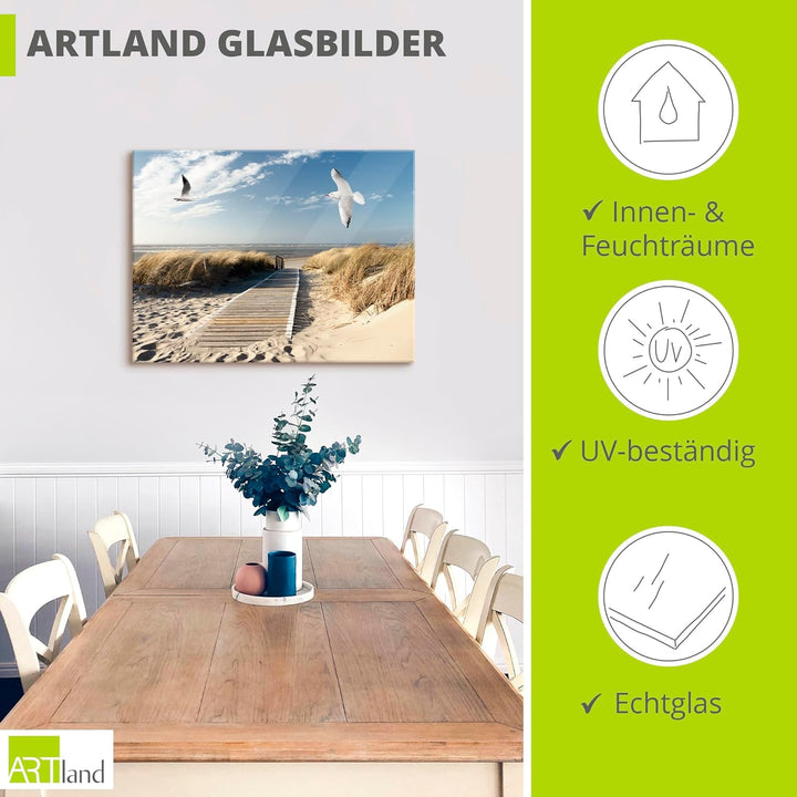 ARTland Glasbilder Wandbild Glas Bild einteilig 80x60 cm Querformat Strand Meer Nordsee Küste Möwen