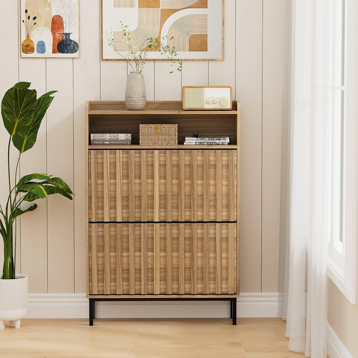 UEV Schuhschrank mit 2 Klappen Schmal, Schuhkipper für Flur Wohnzimmer, Schuhkommode mit Kippschutz,