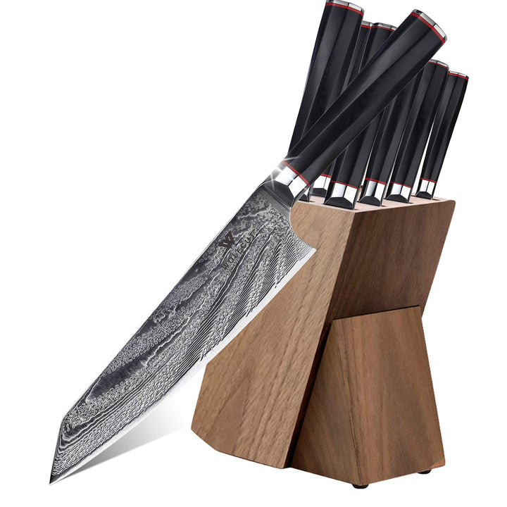 Wolfcut Damascus 73- lagiger japanischer Damaszener Stahl Messer-Set 9tlg. + Wetzstahl+ Messerblock
