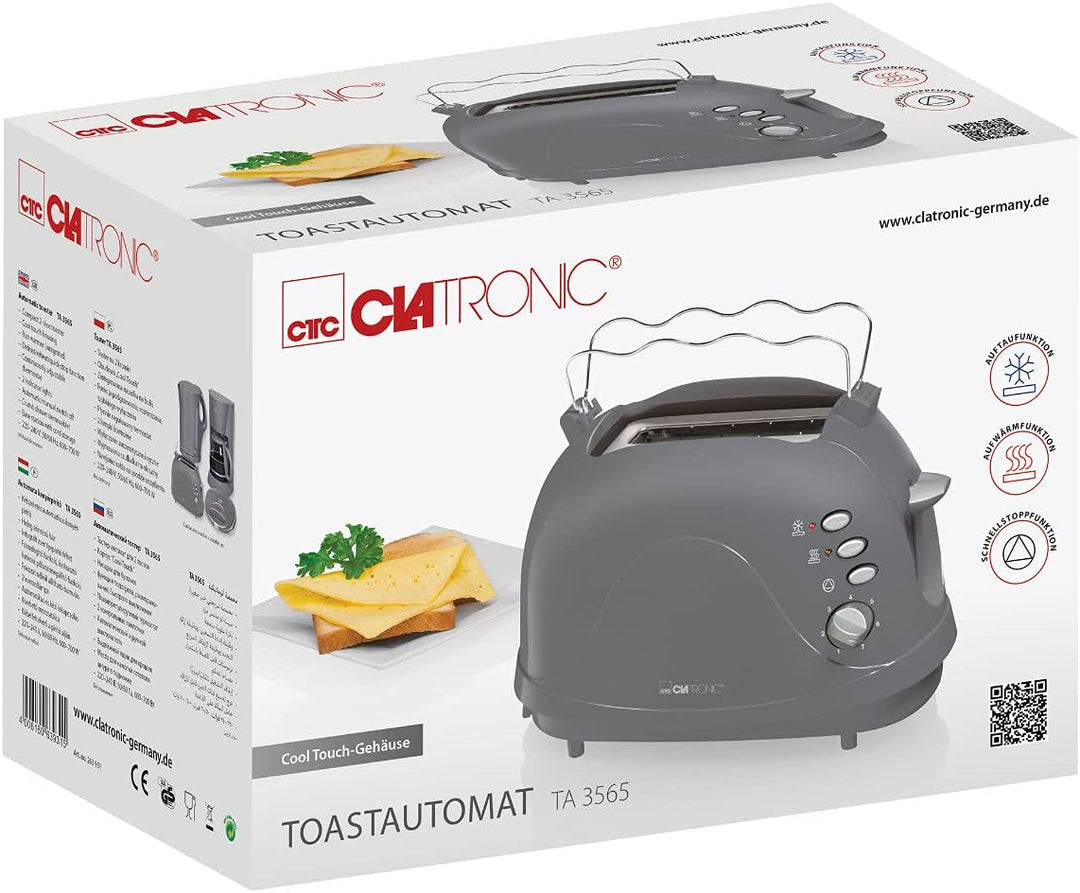Clatronic® Toaster | 2-Scheiben-Toaster | integrierter Brötchenaufsatz | Aufwärm-, Auftau-, Schnells