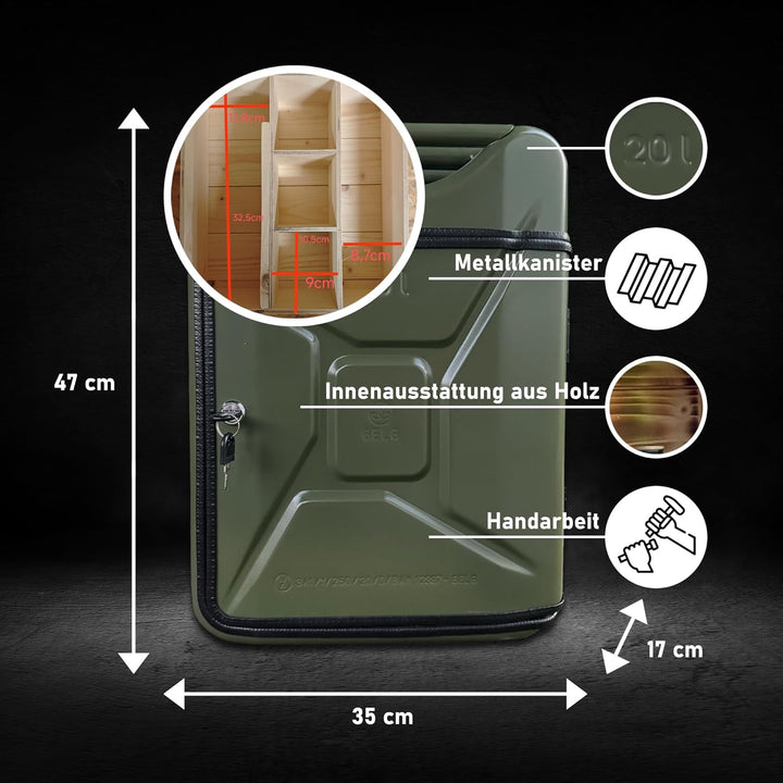 20L Kanister Mini Bar Premium I Maximal personalisierbar mit Gravur & LED Beleuchtung I 2 Whiskygläs