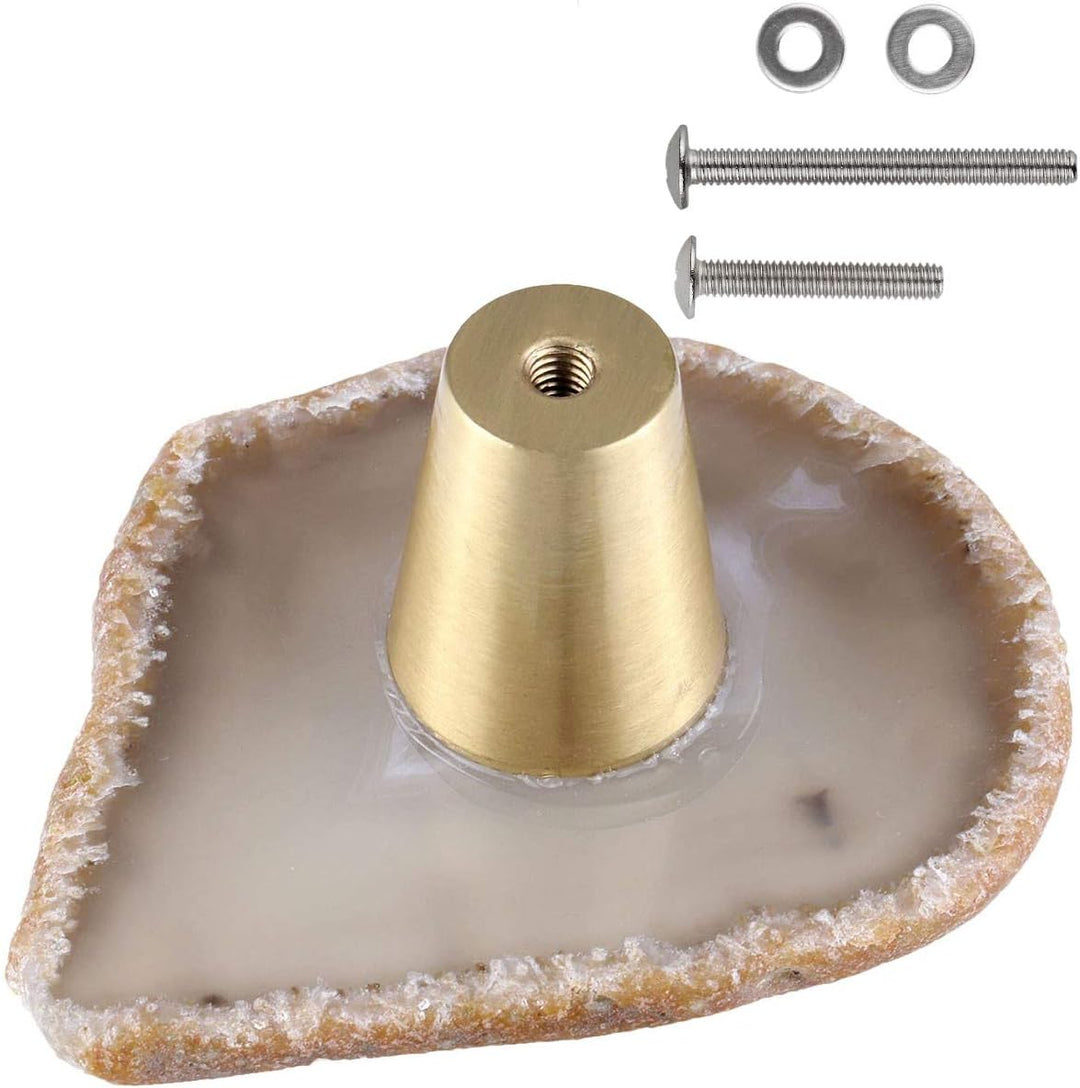 KYEYGWO 4 Stück Natürliche Farbe Unregelmässig Achat Scheiben Möbelknöpfe mit Schraube, Messing Schu