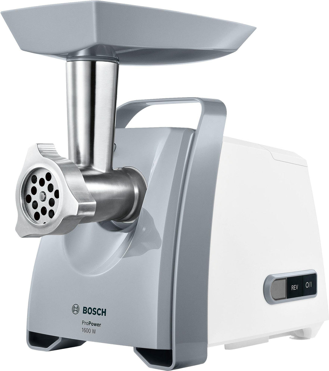 Bosch Fleischwolf CompactPower MFW45020, elektrisch, Wurstaufsatz, Edelstahl Loch-Scheiben 3,8mm + 8