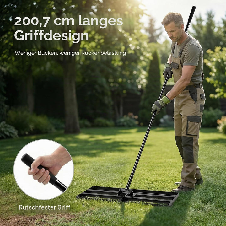 Rasen-Nivellierungsrechen 75x25 cm mit 2 m verstellbarem Stiel – Stabiler Rasenglätter & Nivellierre