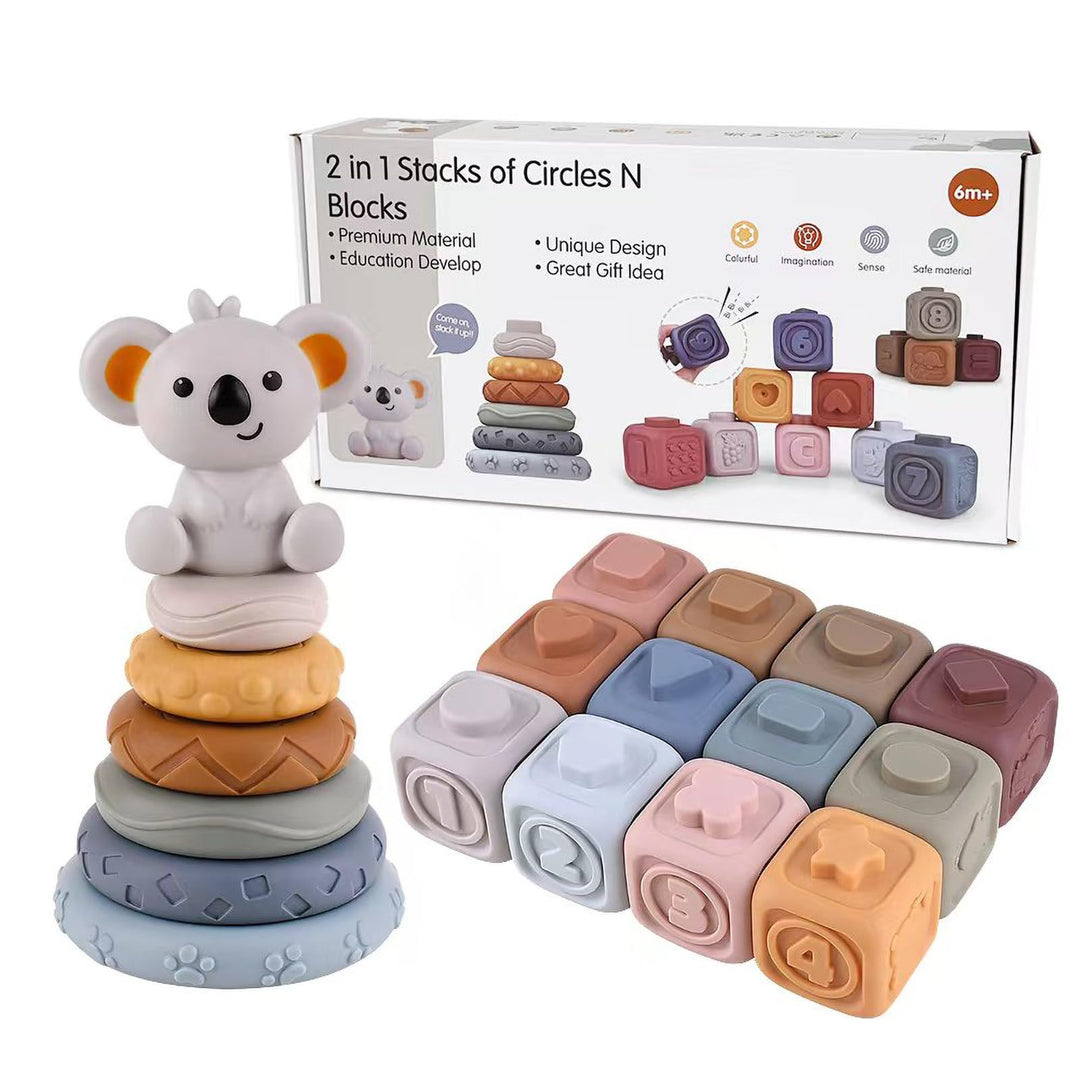 2-in-1 weiche Stapelblöcke und Ringe, Montessori-Sensorikspielzeug für Babys 6 12 18 Monate, Essenti