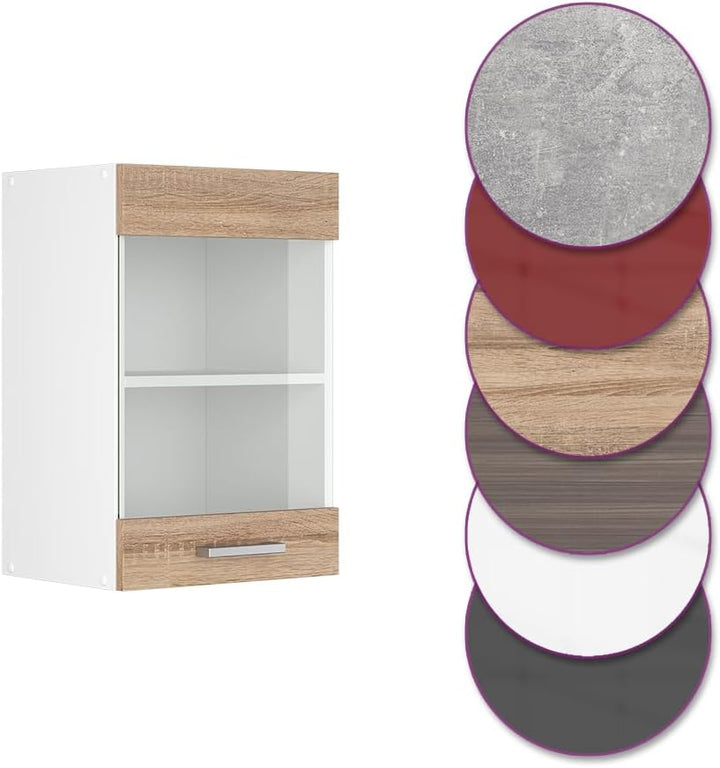 Vicco Küchenschrank Glas R-Line, Sonoma/Weiss, 40 cm Sonoma Hängeglasschrank 40cm, Sonoma Hängeglass