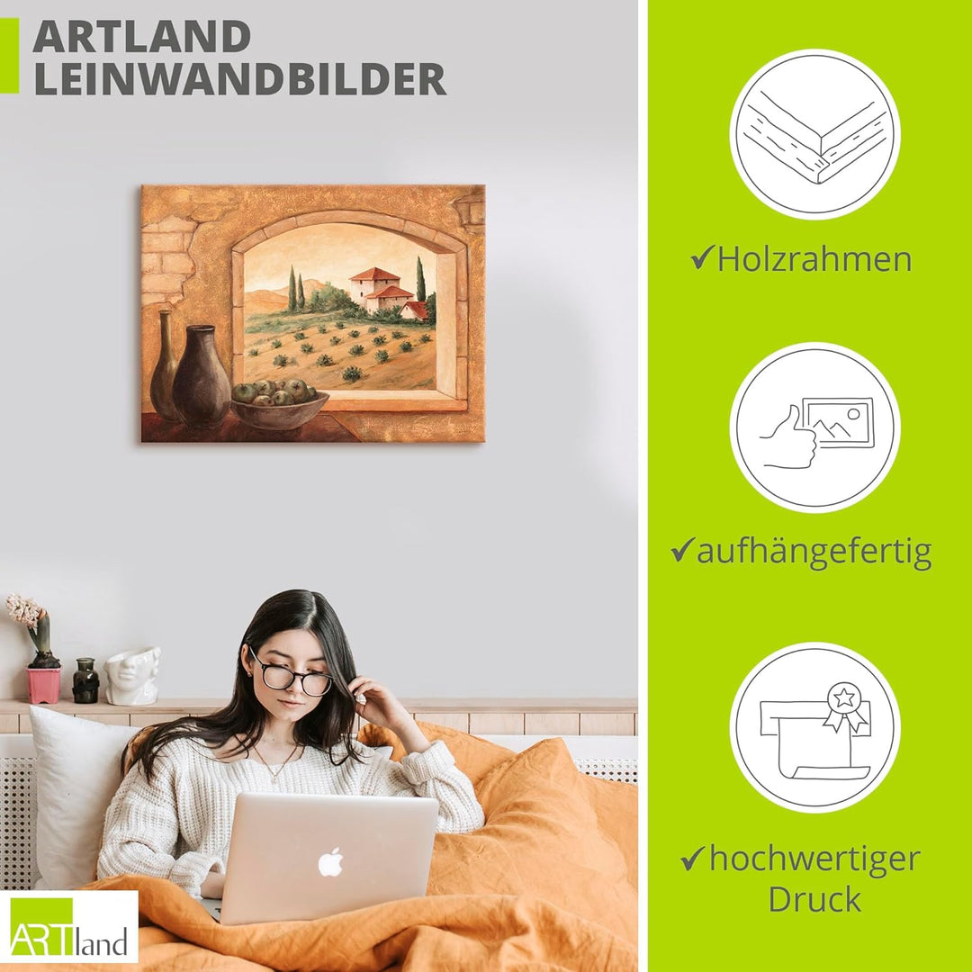 Artland Leinwandbild Wandbild Bild auf Leinwand 80x60 cm Wanddeko Fensterblick Fenster Toskana Lands