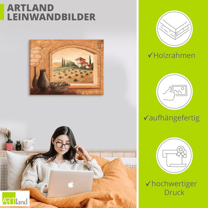 Artland Leinwandbild Wandbild Bild auf Leinwand 80x60 cm Wanddeko Fensterblick Fenster Toskana Lands