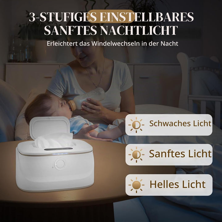 Baby-Feuchttuchwärmer, 3 Temperatur- und 3 warmen Nachtlichtern, schnelles Aufheizen, USB-Aufladung,