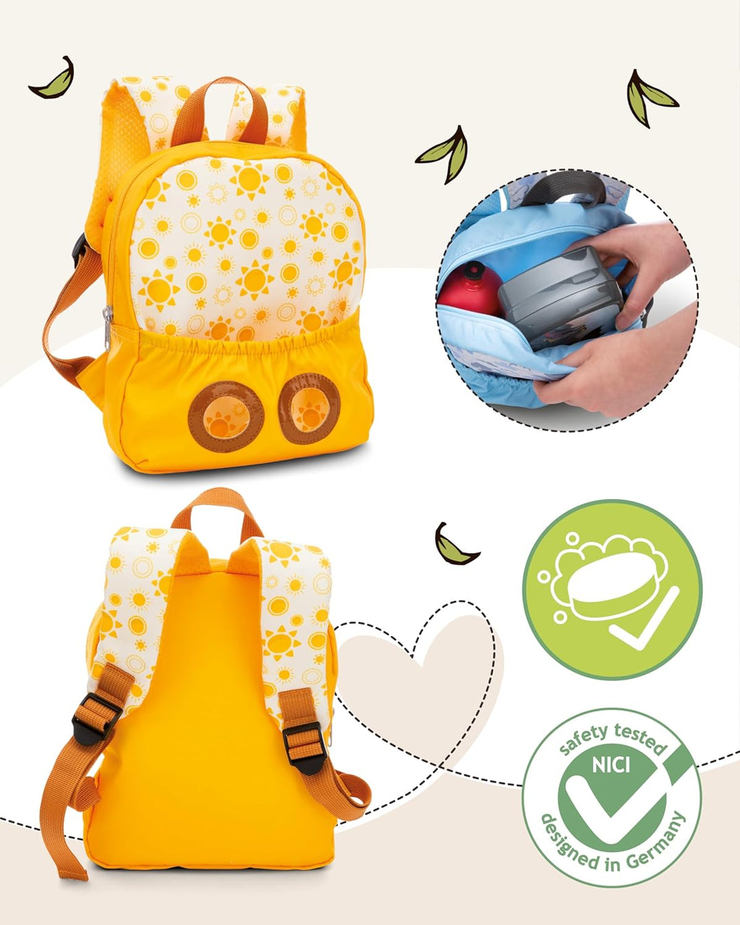 NICI Kinderrucksack gelb 2 in 1 mit Kuscheltier Waschbär 25cm - Kindergartenrucksack Mädchen & Junge