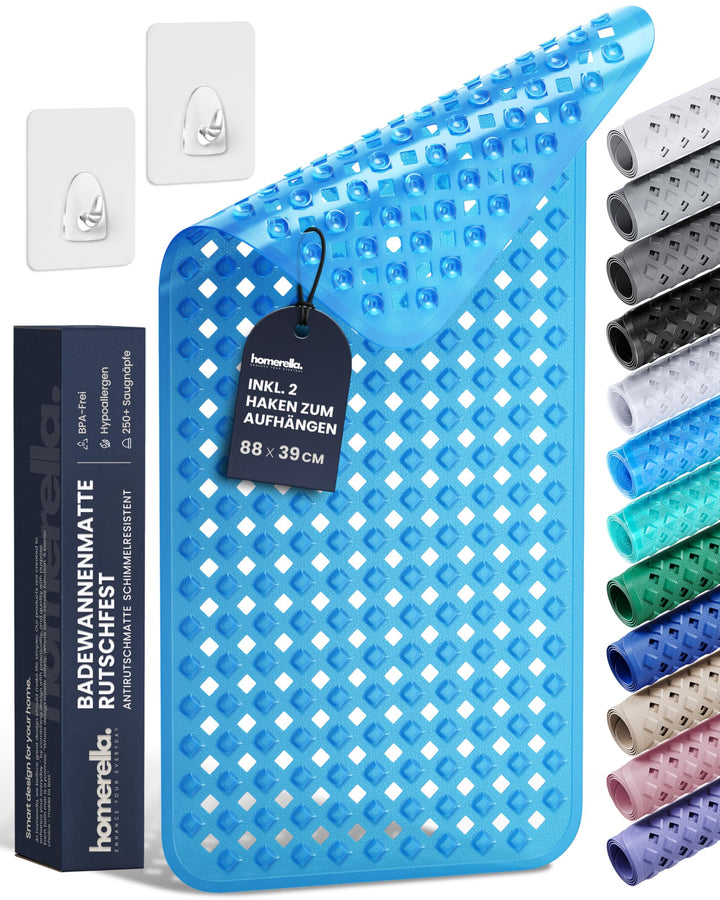 homerella® Badewannenmatte rutschfest 88x39cm, INKL. HAKEN, Rutschfeste Badematte BPA frei, Duschmat