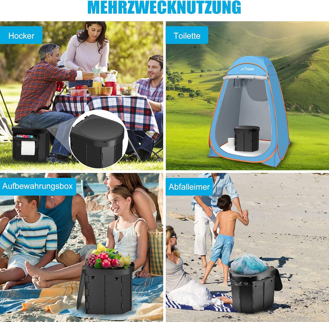 WADEO Tragbare Campingtoilette mit Deckel, 30 cm hohe Mobile Toilette mit 12 Stück Toilettenbeutel,