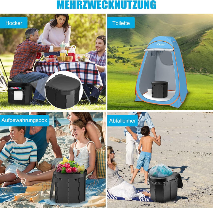 WADEO Tragbare Campingtoilette mit Deckel, 30 cm hohe Mobile Toilette mit 12 Stück Toilettenbeutel,