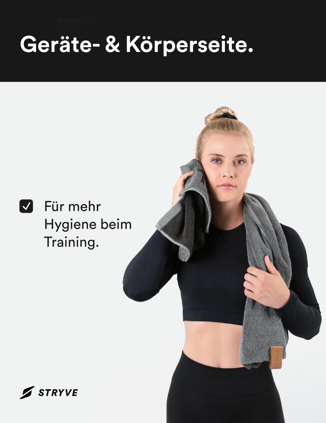 STRYVE Sporthandtuch – Das Original – Towell+ – Platinum Grey – 90 x 40 cm – Magnetclip & Rutschschu