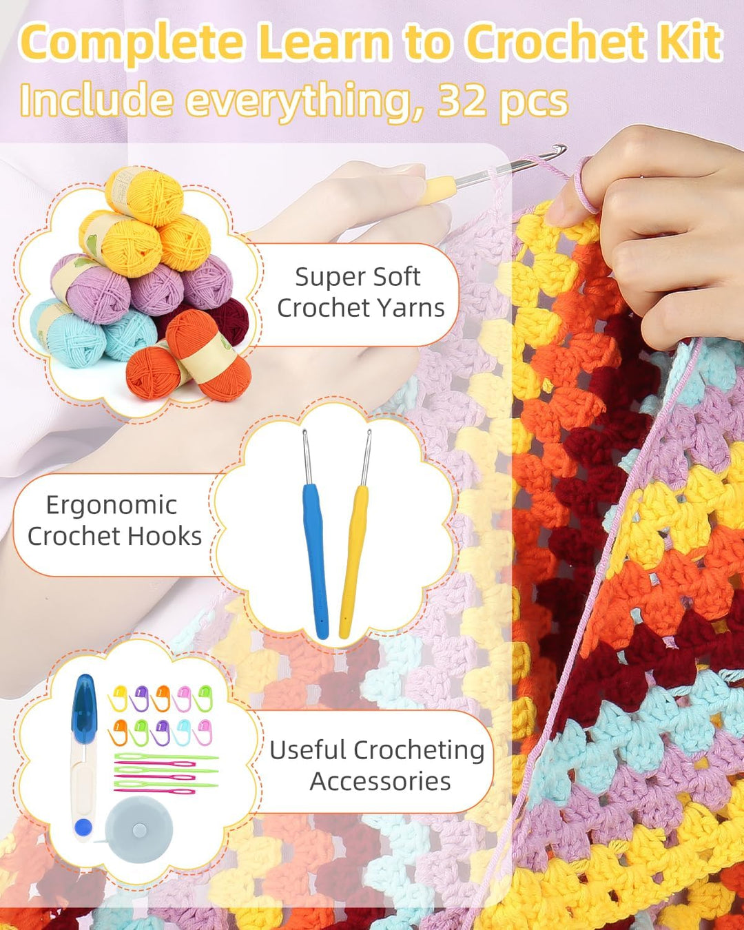 Aeelike Granny Square Shawl Häkelset für Anfänger, Häkelnadel Set mit Häkelnadeln 3,5mm 4,0mm, Häkel