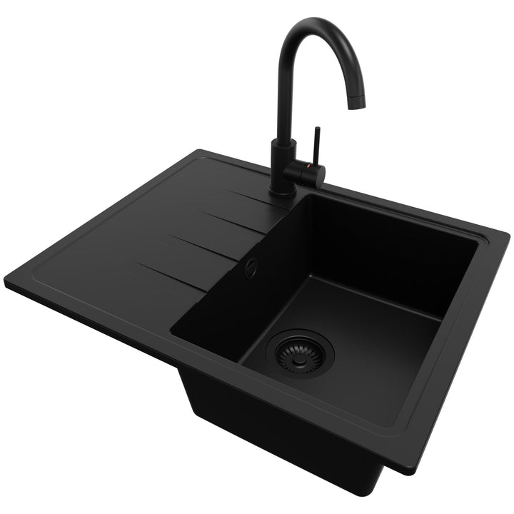 PRIMAGRAN Granitspüle Alles Schwarz 62x50cm, Spülbecken 1 Becken + Küchenarmatur 32x20cm + Ablauf-Se