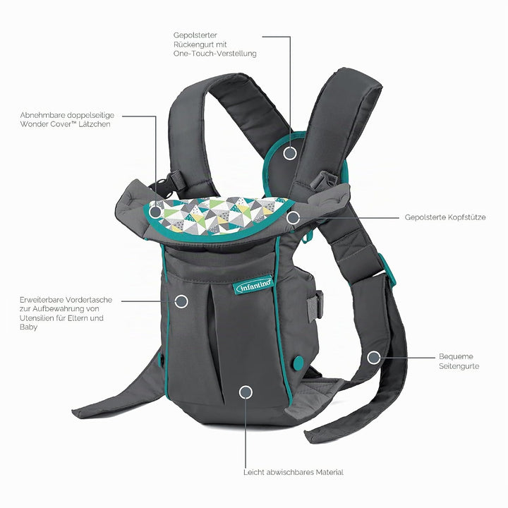 Infantino Swift Classic Babytrage, 2 Tragepositionen mit Wonder Cover Lätzchen, verstellbare Gurte,