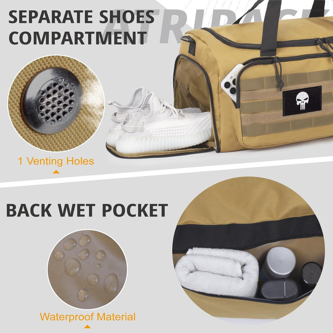 Taktische Sporttasche für Herren, 40L grosse Reisetasche mit Schuhfach, Sporttasche mit Nassfach, Mu