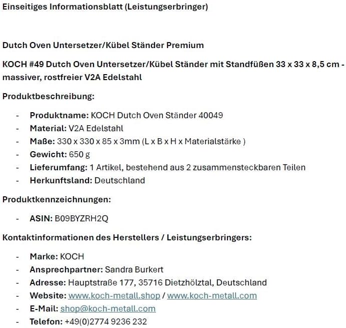 KOCH #49 stabiler Edelstahl Dutch Oven Untersetzer/Kübel Ständer Premium mit Standfüssen 33 x 33 x 8
