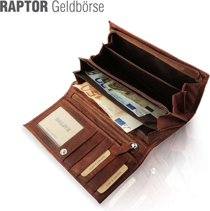 Raptor Damen-Geldbörse Echtleder Used Look 19x10cm Querformat RA40037 Dunkelbraun, Dunkelbraun