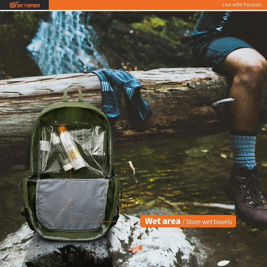 SKYSPER Ultraleichter Faltbarer Rucksack mit Nassfach - Wasserfest und Verstaubarer Daypack für Wand