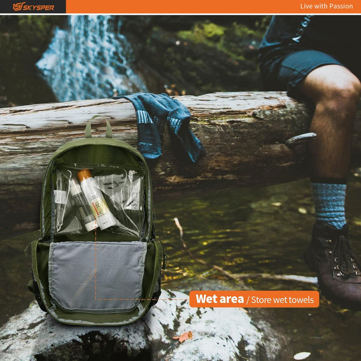SKYSPER Ultraleichter Faltbarer Rucksack mit Nassfach - Wasserfest und Verstaubarer Daypack für Wand