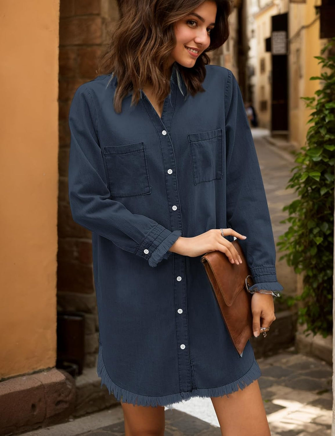Zilcremo Damen V-Ausschnitt Blusenkleid Hemdkleid Jeanskleider Langarm Knopf Runter Shirtkleid Tunik