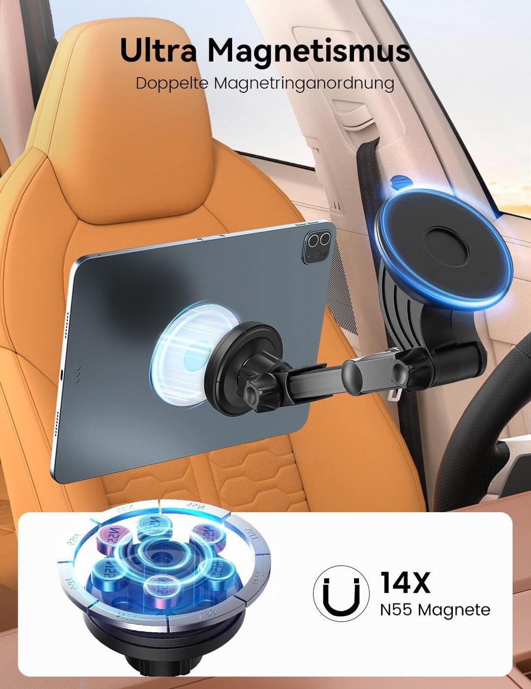 OHLPRO Tablet Halterung Auto,360° Drehung Tablethalterungen 18cm Ausziehbare Arm+ Waschbar Saugnapf,