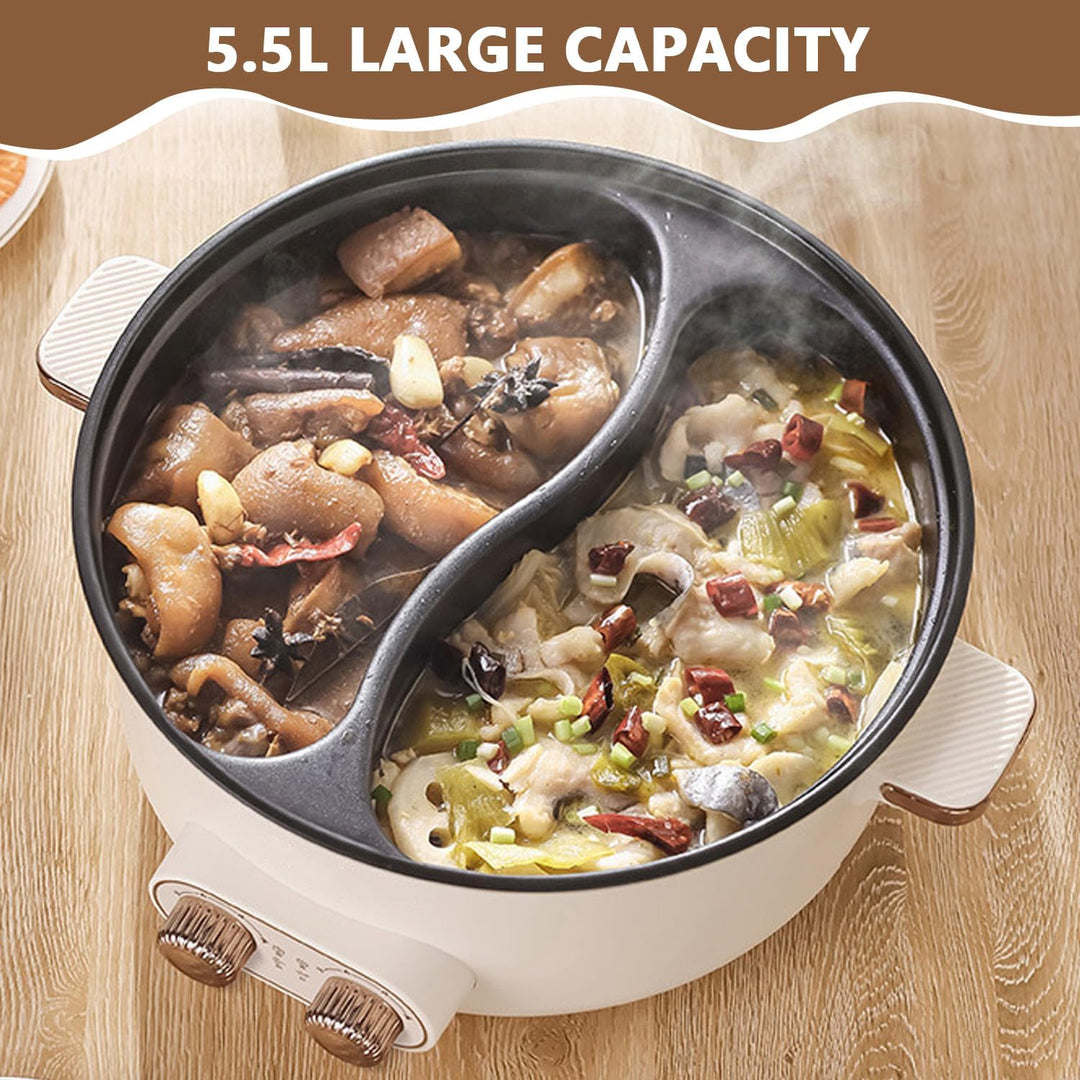 Hot Pot Elektrisch, 5.5L Doppelter Topf mit Zwei Reglern, 1600W Elektrischer Kochtopf mit Trennwand