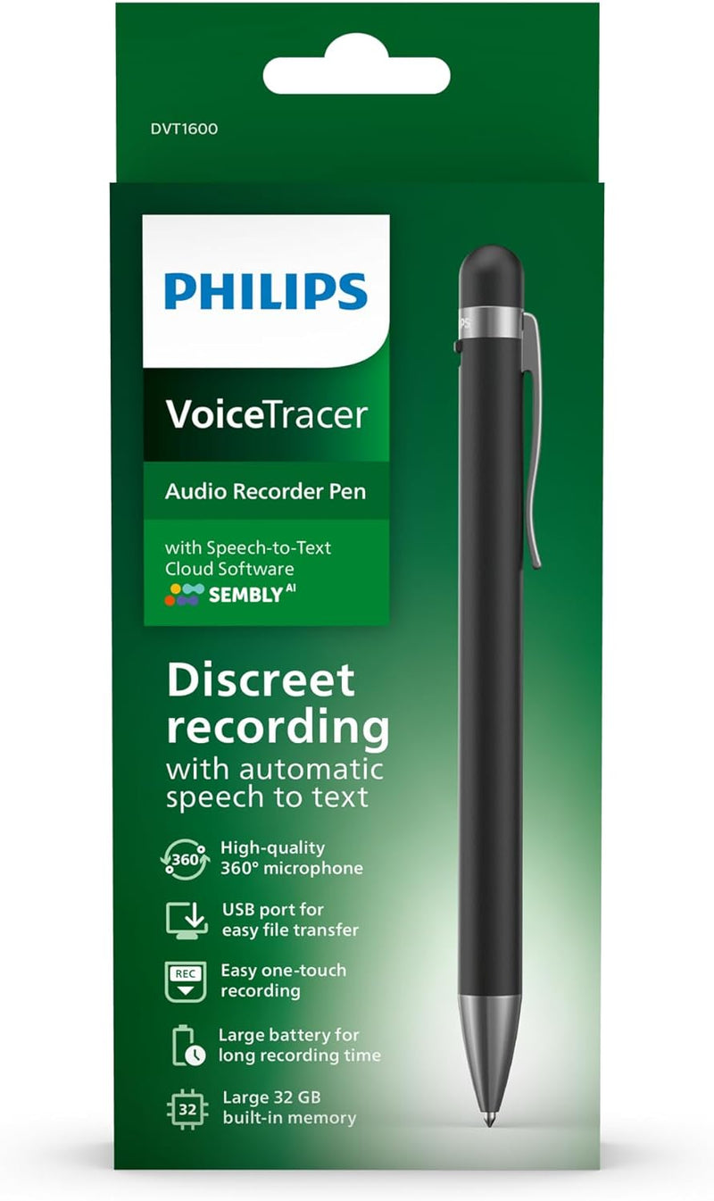 DVT1600 Philips VoiceTracer Audiorecorder-Stift mit cloudbasierter Spracherkennung von Sembly