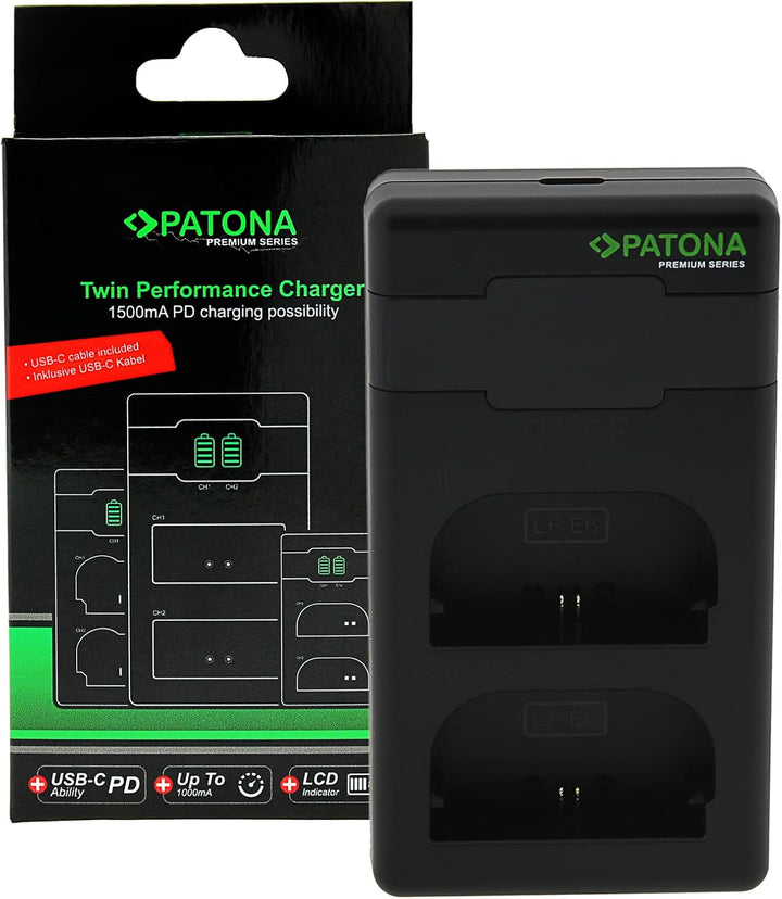 PATONA LP-E6NH LP-E6N LP-E6 - PD Performance Akku Ladegerät (1500mA) USB Mini Dual LCD - USB-C PD/QC