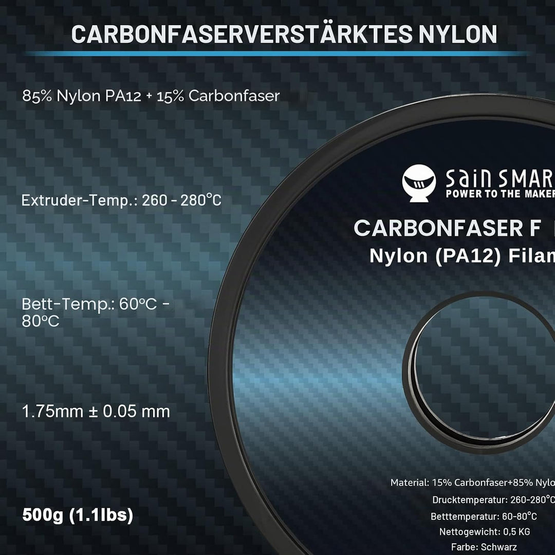 SainSmart ePA12-CF Carbon Faser Nylon Filament 1,75 mm, 0,5 kg, Massgenauigkeit +/- 0,05 mm, Schwarz
