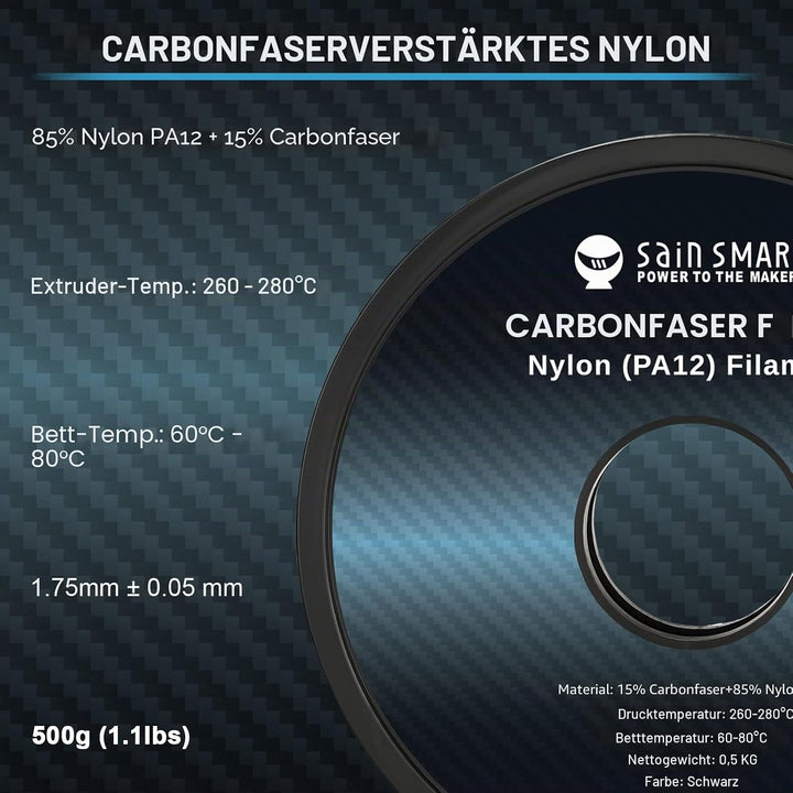 SainSmart ePA12-CF Carbon Faser Nylon Filament 1,75 mm, 0,5 kg, Massgenauigkeit +/- 0,05 mm, Schwarz