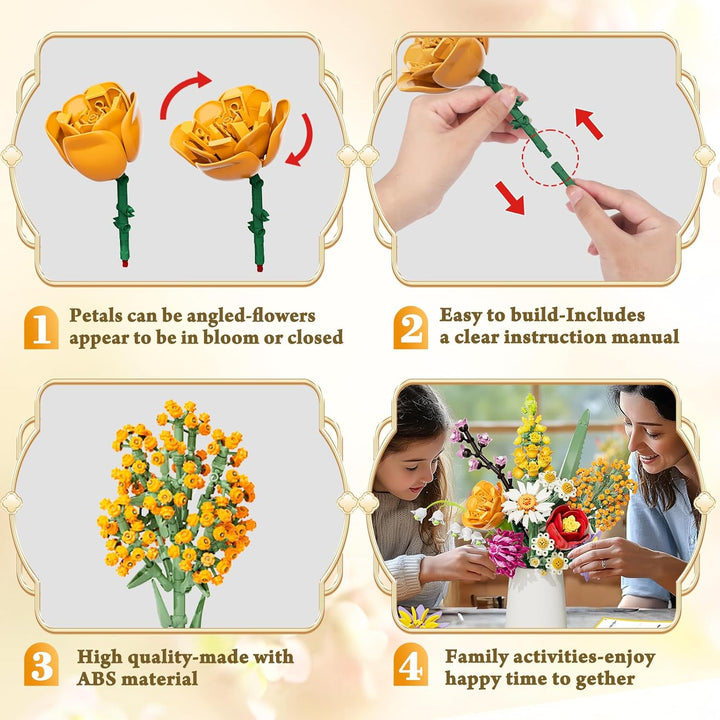 Blumenstrauss Bausatz, 1070 Stück Blumen Bauspielzeugset 10 Künstliche Blumen für Flowers, Botanical