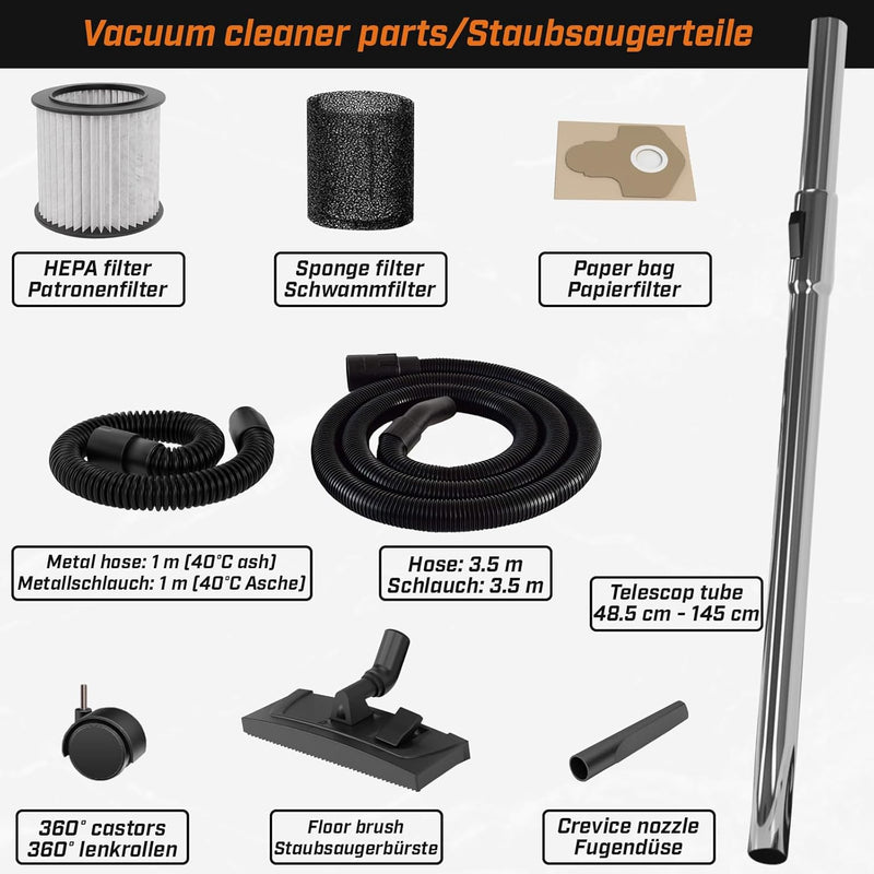 TIMBERTECH® Industriestaubsauger-2300W Leistung, 30L, mit Blasfunktion, 3 Filter, Edelstahlbehälter,