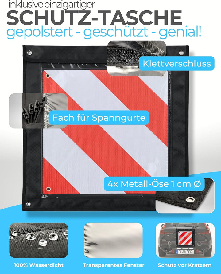 PLANGER® - Warntafel Italien und Spanien (Schild + Tasche + Spanner) 2in1 (50 x 50 cm) - Reflektiere