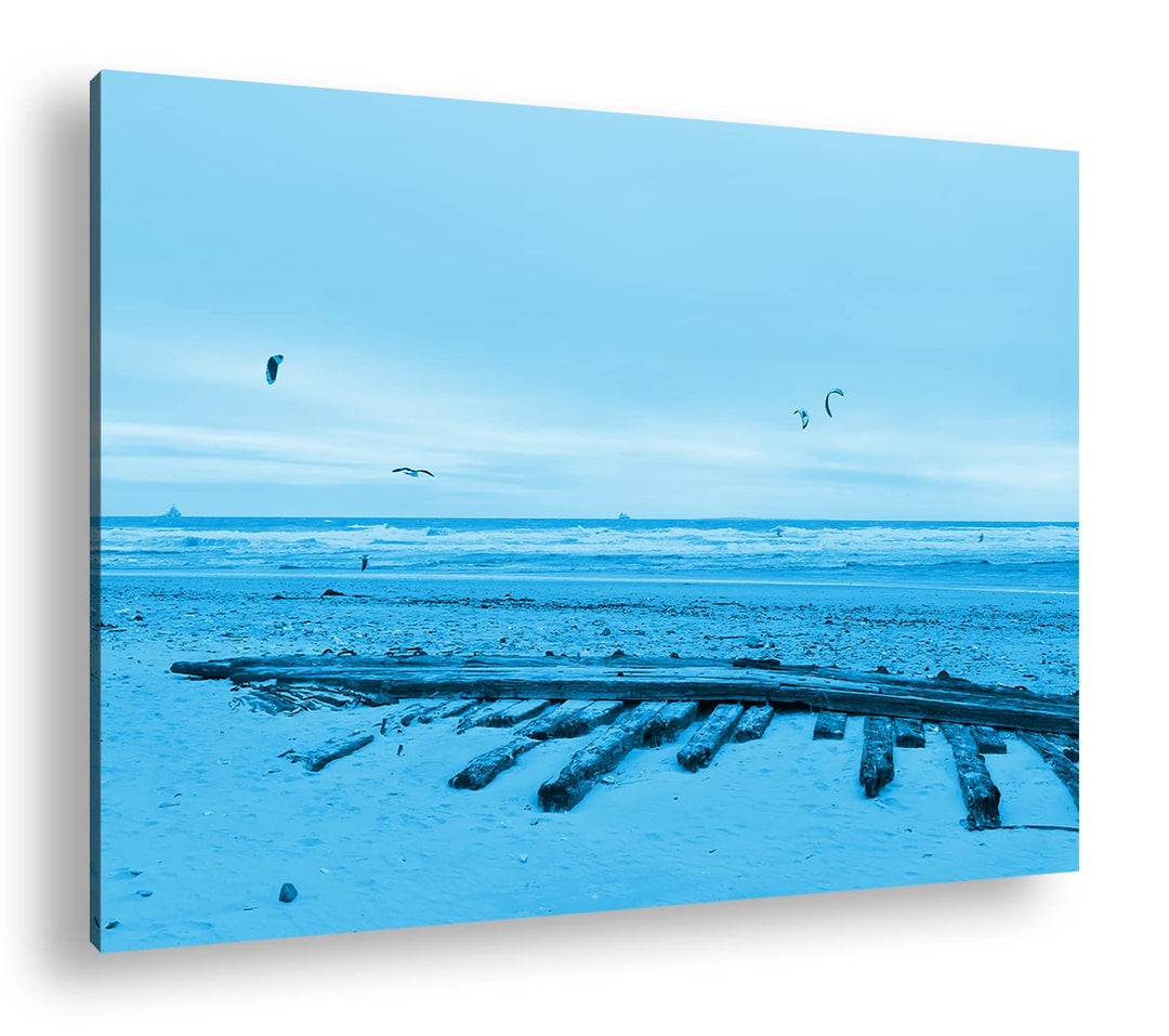 deyoli Sandstrand mit Möwen Format 80x60 Effekt: Monocrome Blau als Leinwandbild, Motiv fertig gerah